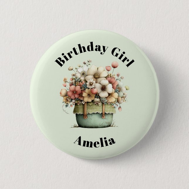 Flowers in a Pot Cozy Shabby Cute Birthday Girl  Button (Front)