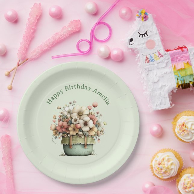  Flowers in a Pot Cozy Shabby Cute Birthday Paper Plates (Party)