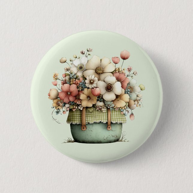 Flowers in a Pot Cozy Shabby Cute Button (Front)