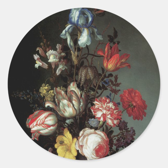 Flowers in a Vase with Shells and Insects Classic Round Sticker (Front)
