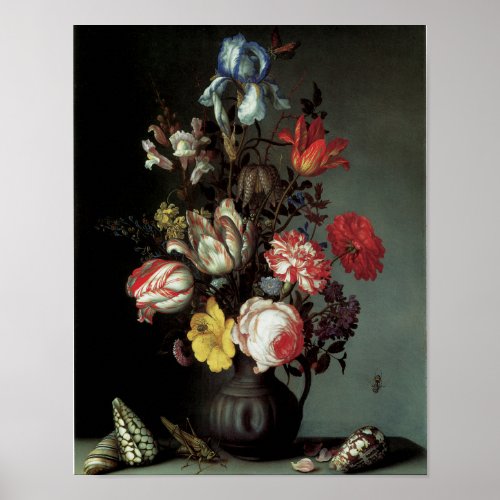 Flowers in a Vase with Shells and Insects Poster
