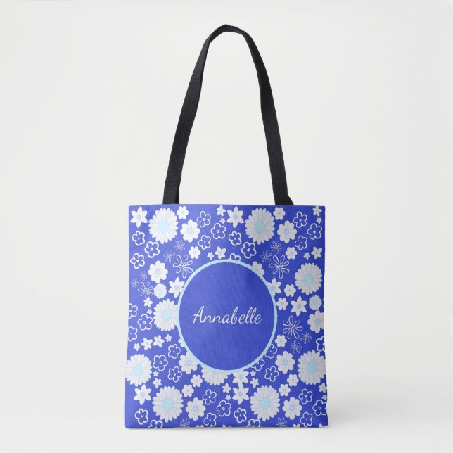 Flowers in Blue Floral Pattern Custom Named  Tote Bag (Front)