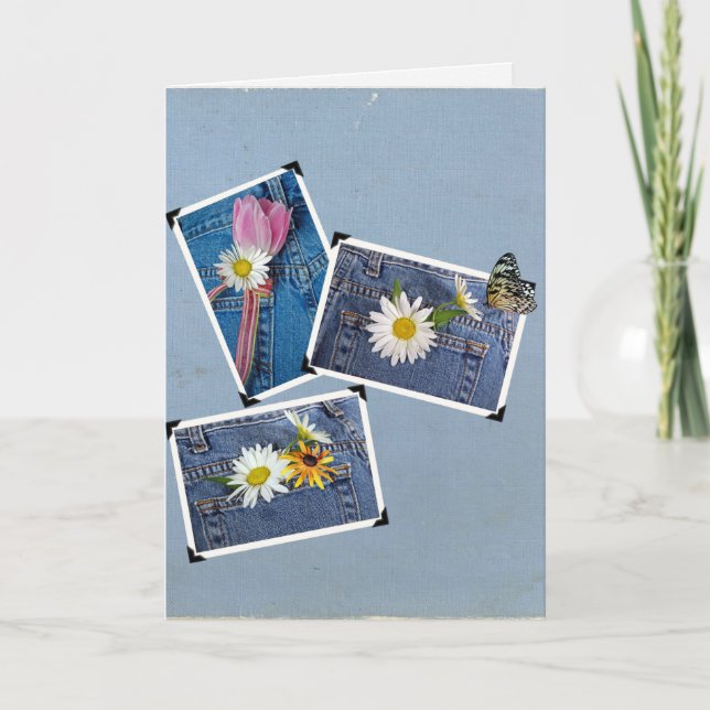 flowers in blue jean pocket with butterfly card (Front)