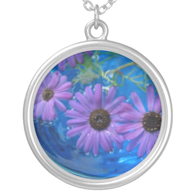 Flowers in Blue Pool Sterling Silver Necklace (Front)