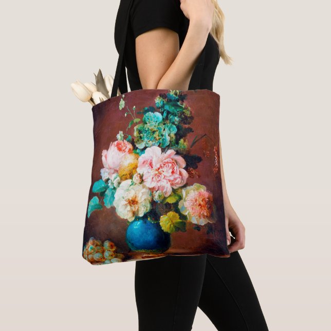Flowers in blue Vase by Anne Vallayer Tote Bag (Close Up)
