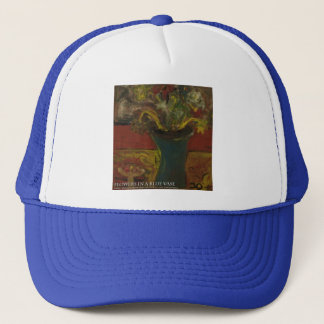 flowers in blue vase trucker hat