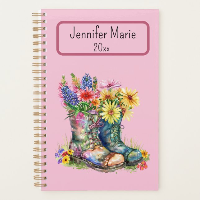 Flowers in Boots Personalize with Name, Year Planner (Front)