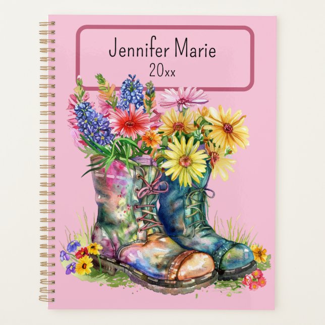 Flowers in Boots Personalize with Name, Year Planner (Front)