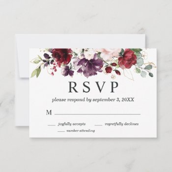 Flowers In Burgundy Red  Pink And Gold Wedding Rsvp Card by LangDesignShop at Zazzle