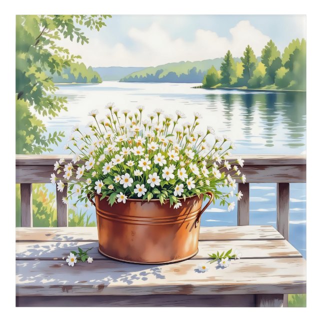 Flowers in Copper pot on Lakehouse Deck Acrylic Print (Front)
