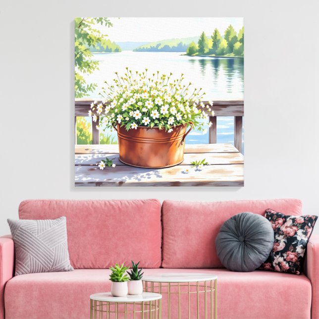 Flowers in Copper pot on Lakehouse Deck Canvas Print (Insitu(LivingRoom))