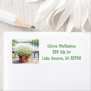 Flowers in Copper pot on Lakehouse Deck Label