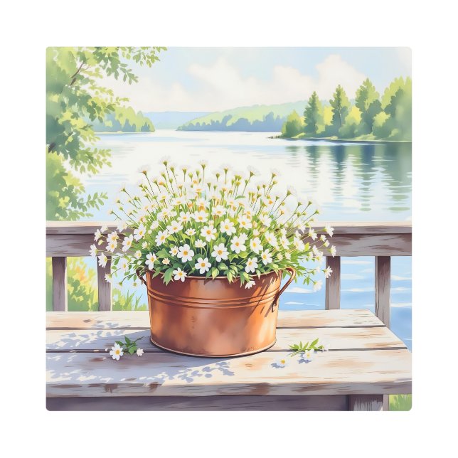 Flowers in Copper pot on Lakehouse Deck Metal Print (Front)