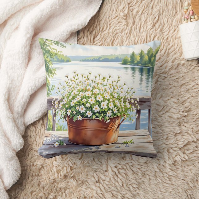 Flowers in Copper pot on Lakehouse Deck Throw Pillow (Blanket)