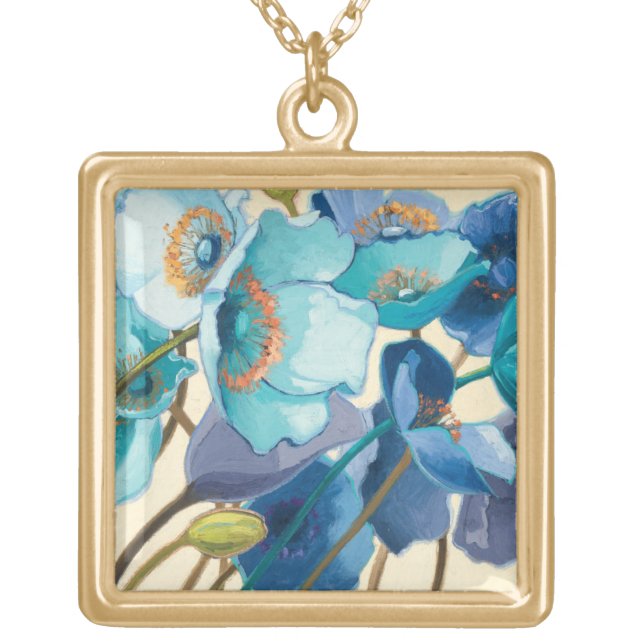 Flowers in Different Shades of Purple and Blue Gold Plated Necklace (Front)