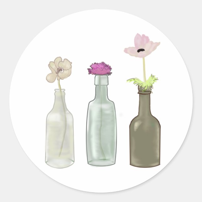 flowers in glass bottles . Pastel colors Classic Round Sticker (Front)