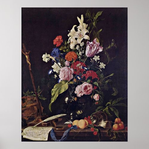 Flowers in glass vase by Jan Davidsz de Heem Poster