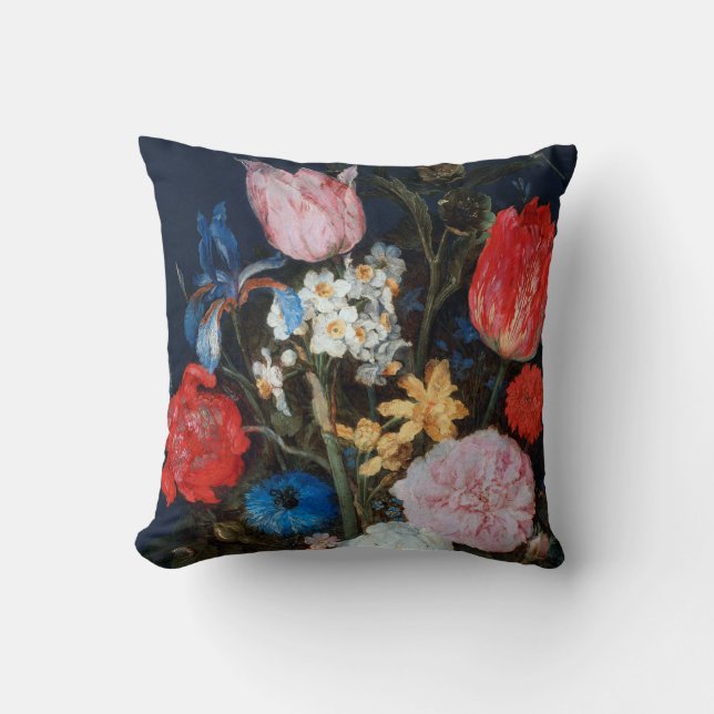 Flowers in Glass Vessel, Jan Brueghel the Elder Throw Pillow (Front)