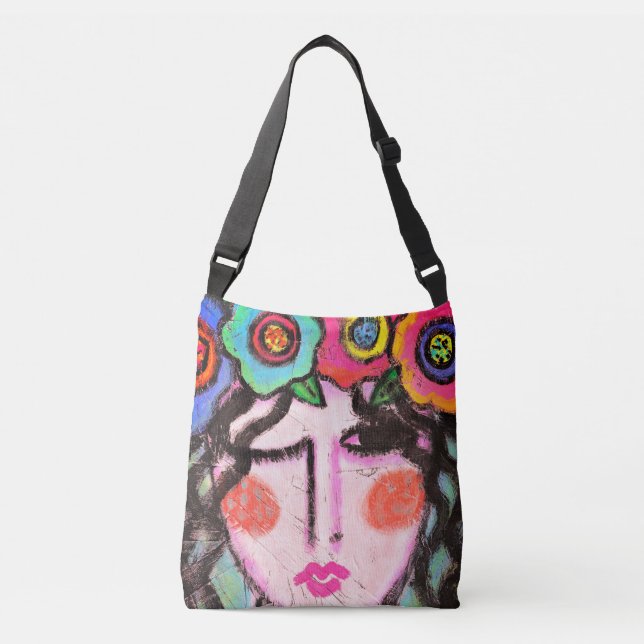 Flowers in Her Hair Abstract Art Crossbody Bag (Front)