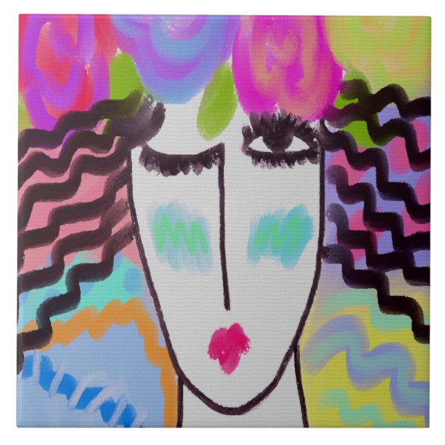 Flowers in Her Hair Abstract Digital Painting Ceramic Tile (Front)