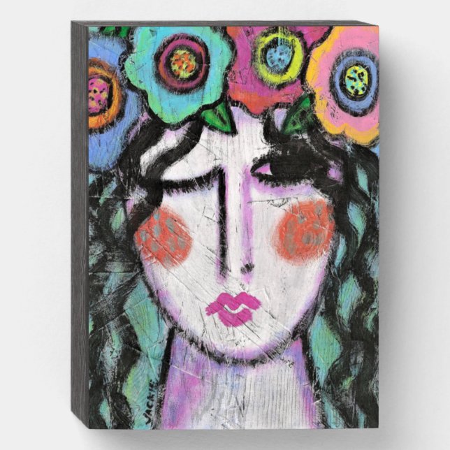 Flowers in Her Hair Abstract Portrait of a Woman Wooden Box Sign (Front Vertical)