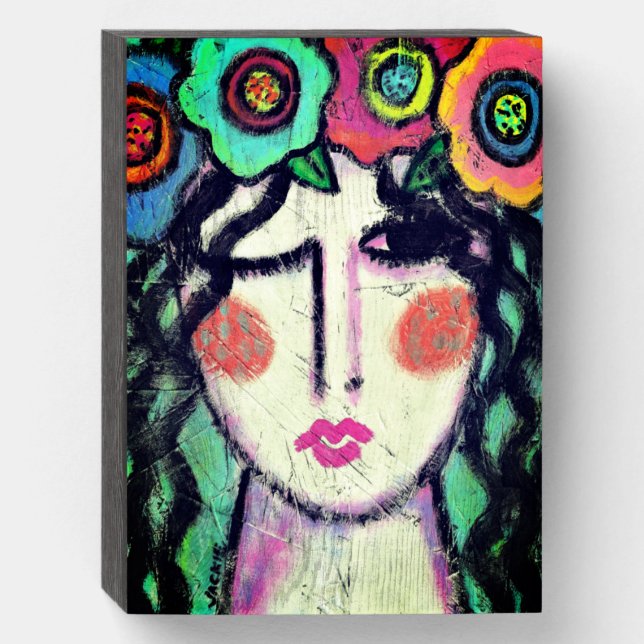 Flowers in Her Hair Abstract Portrait of a Woman Wooden Box Sign (Front Vertical)