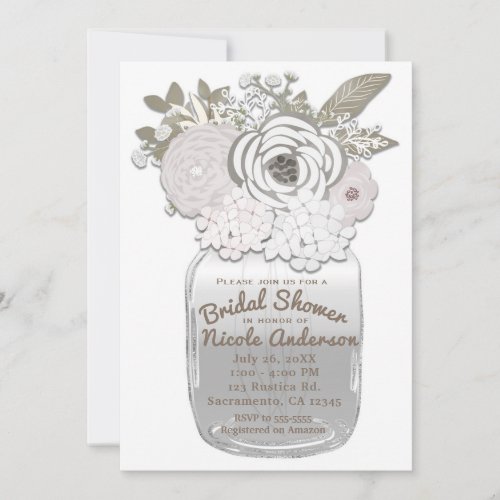 Flowers in Mason Jar Rustic Bridal Shower Floral Invitation