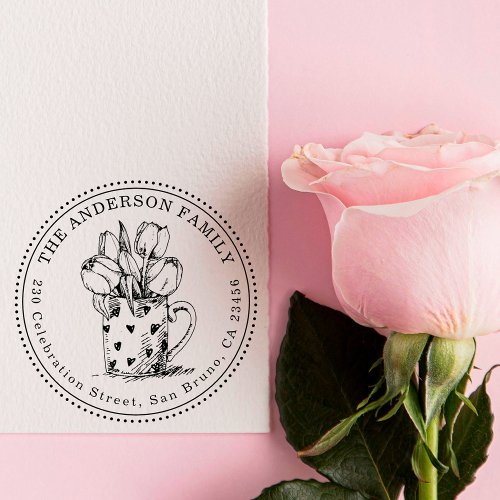 Flowers in Mug Custom Family Name  Return Address Rubber Stamp