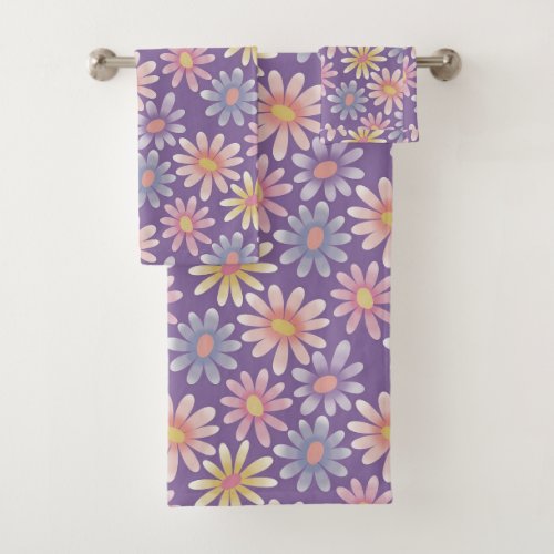 Flowers in Pastel Colors on Violet Bath Towel Set