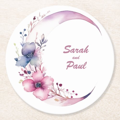 Flowers in Pink Moon Personalized Wedding Coaster