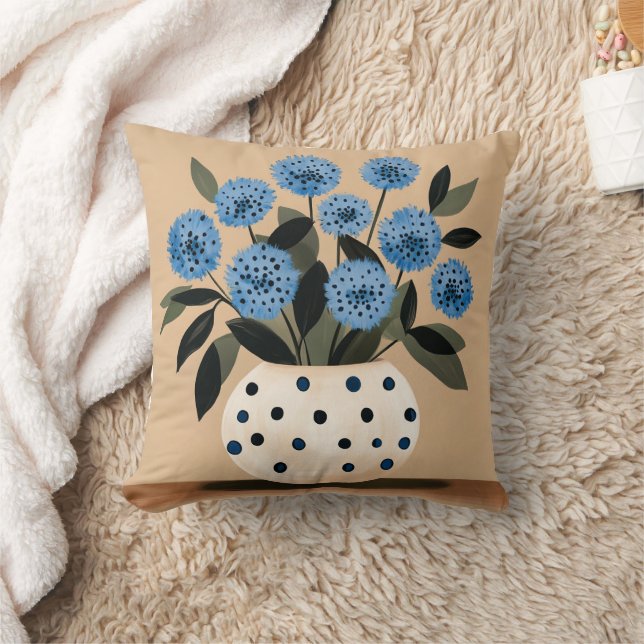 Flowers in Polka-Dot Vase Throw Pillow (Blanket)