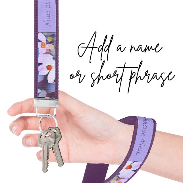 Flowers in Purple and Blue Artistic  Wrist Keychain (Purple floral keychain with personalization option to add a name or phrase. )