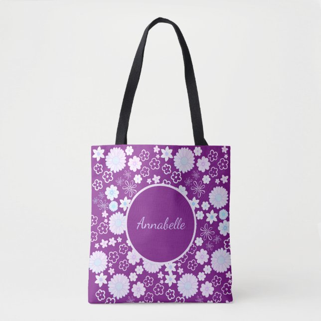 Flowers in Purple Floral Pattern Custom Named  Tote Bag (Front)
