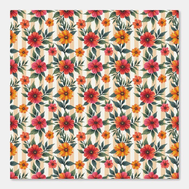 Flowers in Sunset Colors and Tan Stripes Wallpaper (Front)