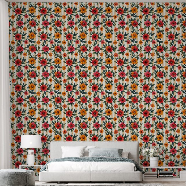 Flowers in Sunset Colors on Tan Stripes Wallpaper (Bedroom)