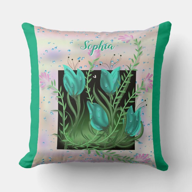 Flowers in the Wall, Teal Personalized Pillow (Front)