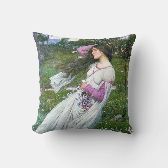 Flowers in the Wind, John William Waterhouse Throw Pillow (Front)