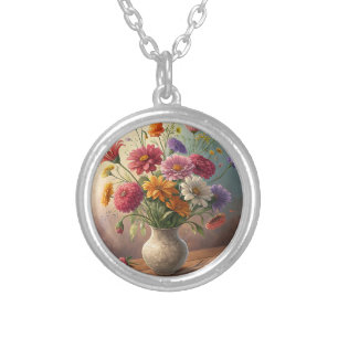 Flowers in vase silver plated necklace