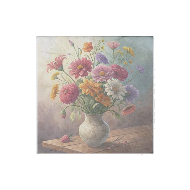 Flowers in vase stone magnet (Front)