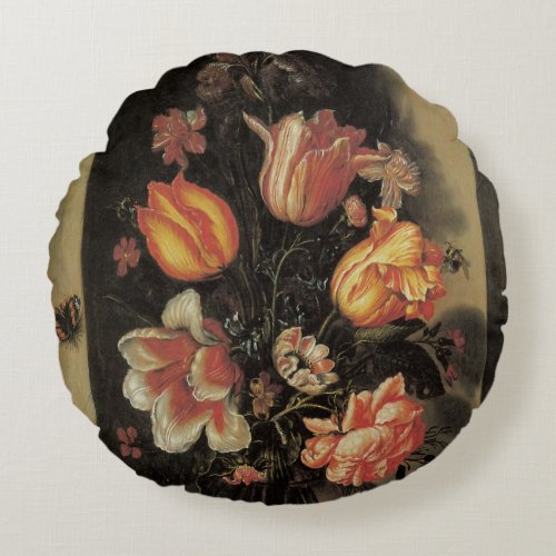 Flowers in Vase Vintage Baroque Floral Still Life Round Pillow