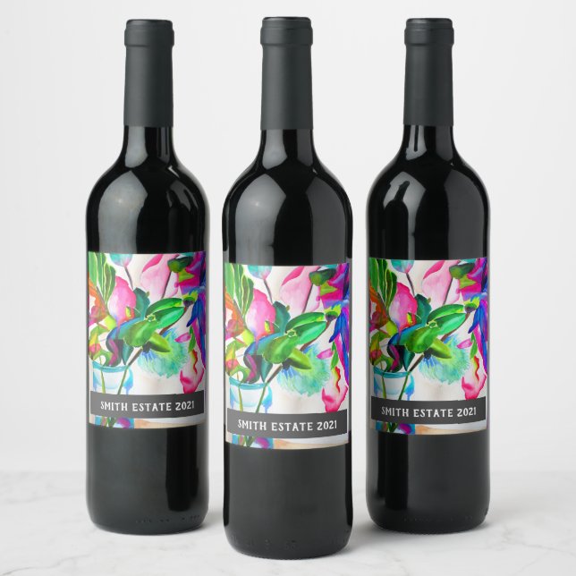 Flowers in vase watercolor floral art wine label (Bottles)