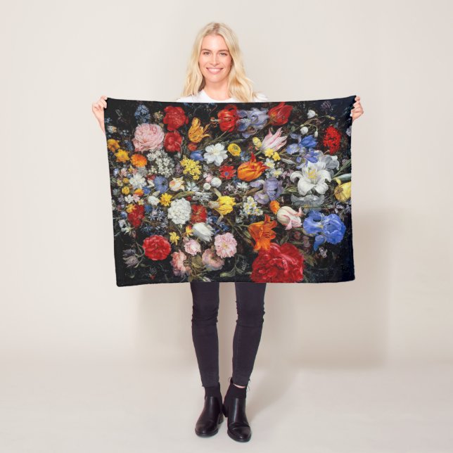 Flowers in Wooden Vessel, Jan Brueghel the Elder Fleece Blanket (In Situ)