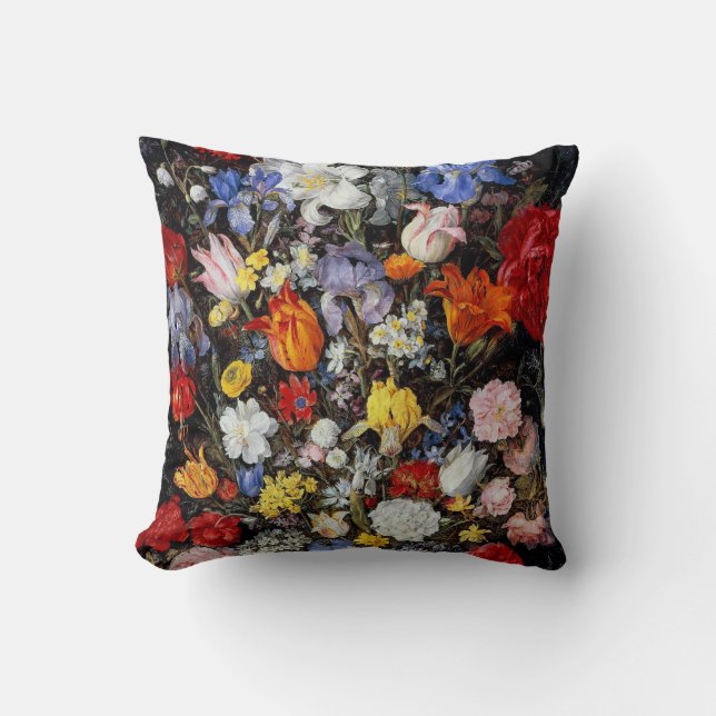 Flowers in Wooden Vessel, Jan Brueghel the Elder Throw Pillow (Front)