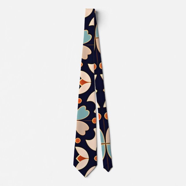 Flowers Isometric Blue Beige Floral Pattern Neck Tie (Front)