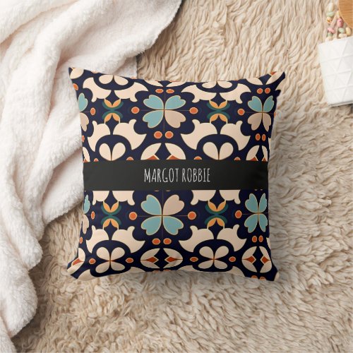 Flowers Isometric Blue Orange Floral Retro Pattern Throw Pillow