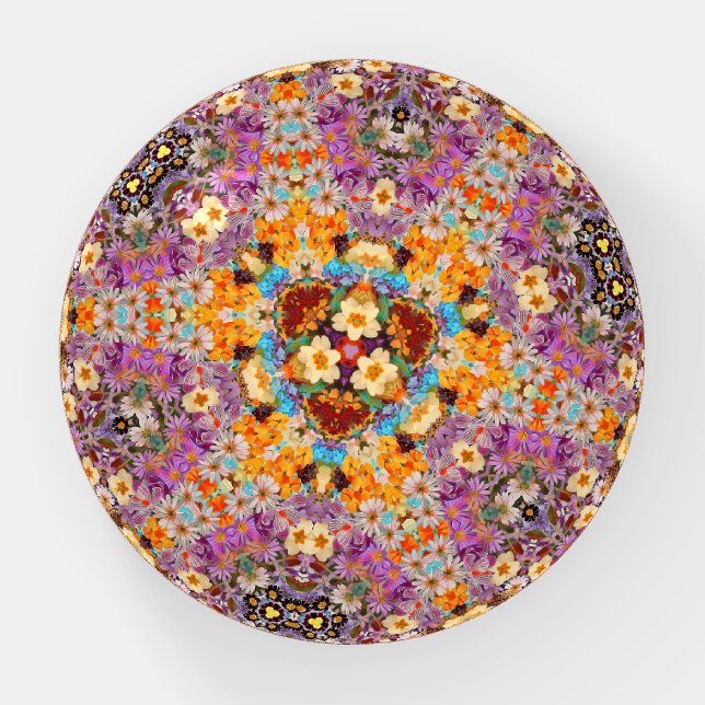 Flowers Kaleidoscope Style Art Glass Paperweight (Front)