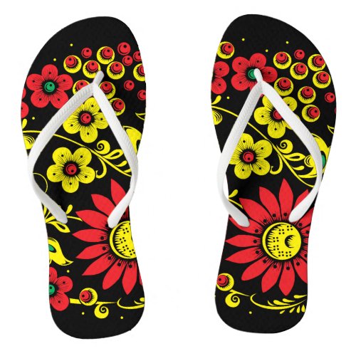 Flowers khokhloma on black ink flip flops