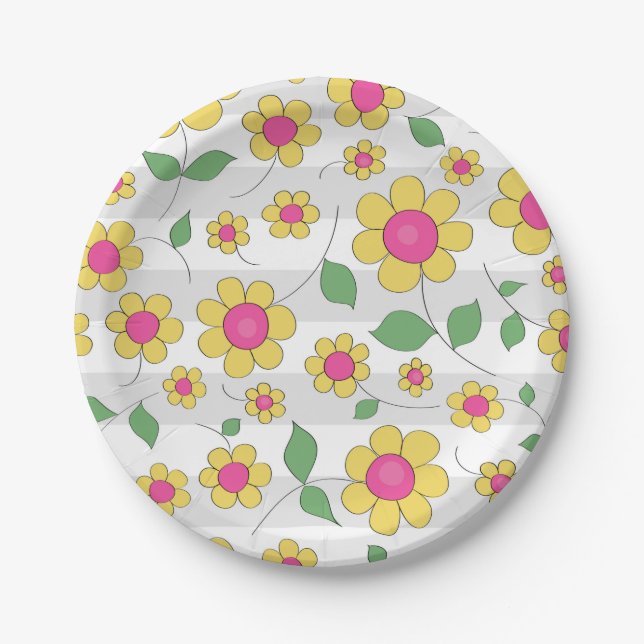 Flowers kids pink yellow happy spring doodles  paper plates (Front)