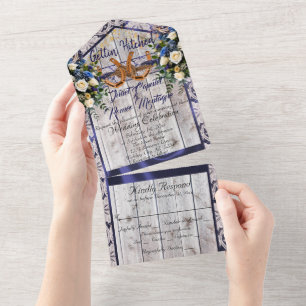 Flowers, Lace & Horseshoes, Blue Ribbon All In One Invitation