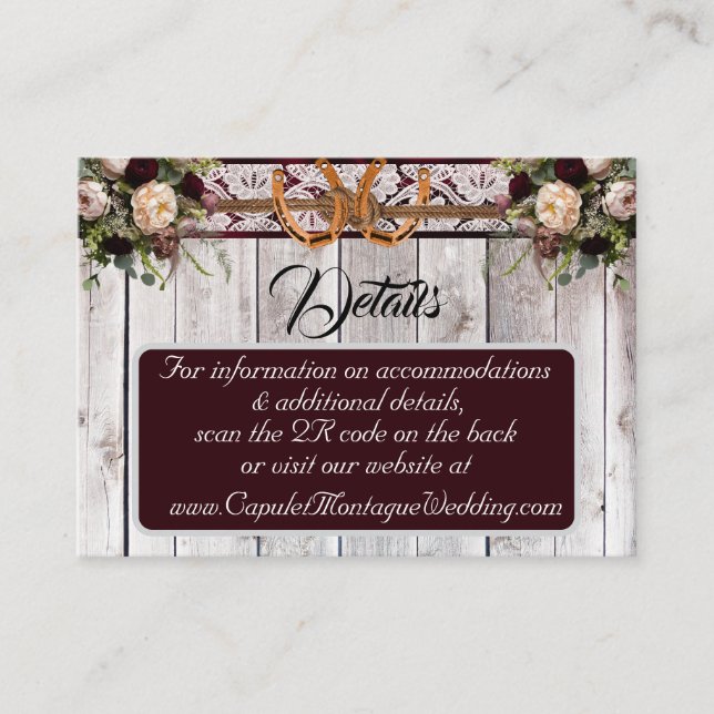 Flowers, Lace & Horseshoes, Burgundy, QR Code Enclosure Card (Front)